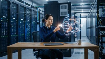 Une ingénieure travaille dans un centre de données et manipule un hologramme lumineux représentant un algorithme informatique complexe et connecté.