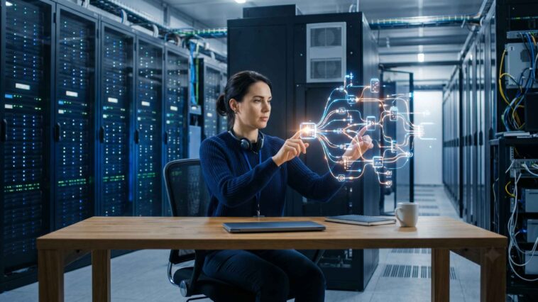 Une ingénieure travaille dans un centre de données et manipule un hologramme lumineux représentant un algorithme informatique complexe et connecté.