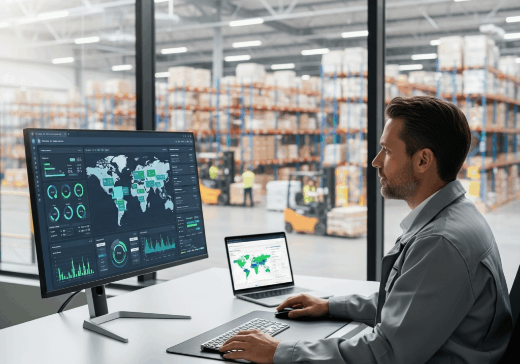 Responsable logistique observant un entrepôt depuis un bureau vitré, analysant un tableau de bord de performance sur un écran.