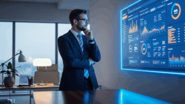 Professionnel de la finance analysant un tableau de bord HubSpot CRM finance sur écran lumineux dans un bureau moderne.