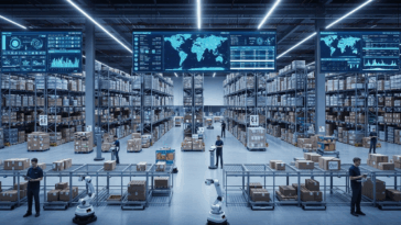 Vue d’un entrepôt logistique moderne connecté, avec des opérateurs utilisant des tablettes et des écrans affichant des données en temps réel.