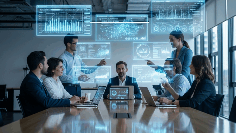 Équipe de professionnels collaborant dans un bureau moderne avec des hologrammes de données