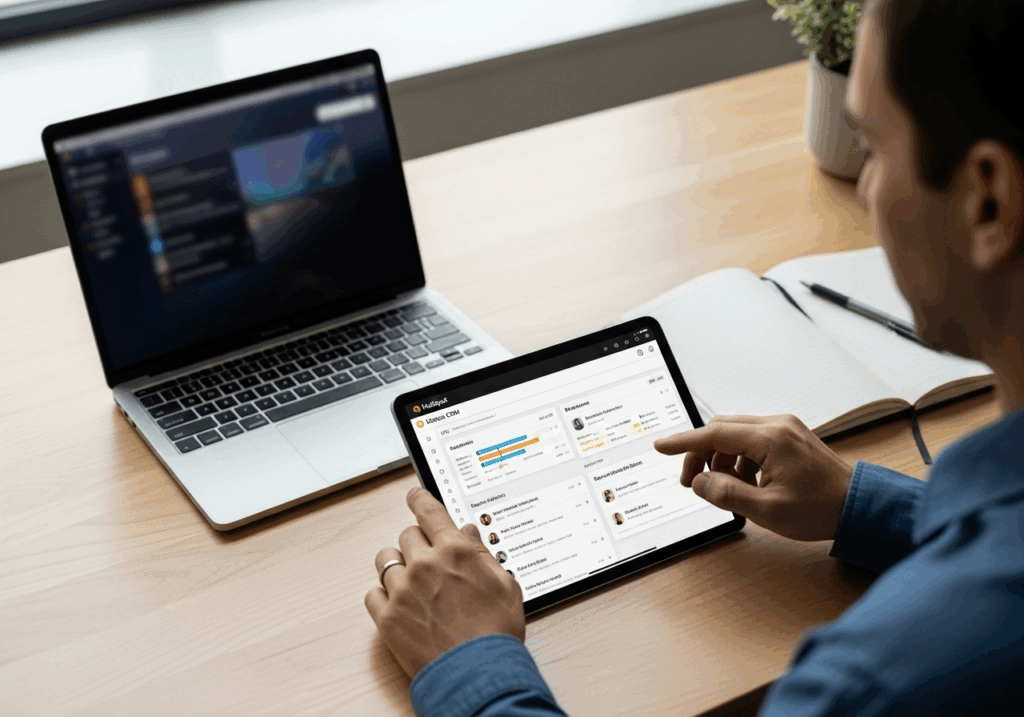 Vue en plongée d’un conseiller client utilisant une tablette connectée à HubSpot CRM finance dans un bureau moderne.