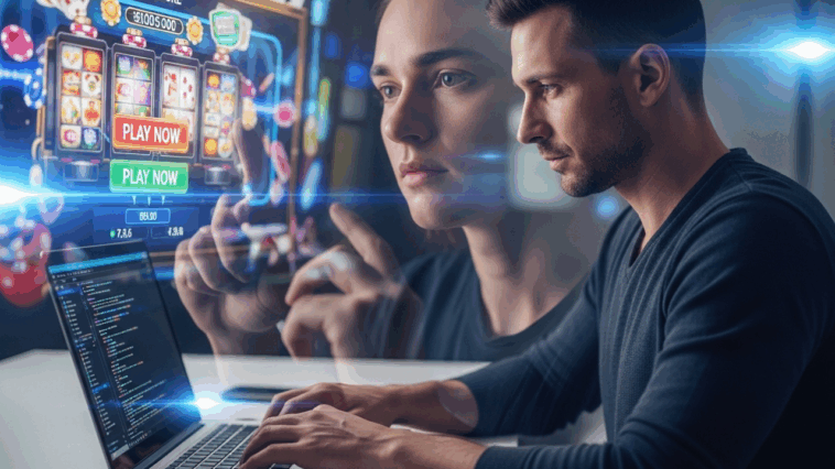 Image en double exposition d’un développeur et d’un joueur de casino en ligne, illustrant la relation entre fournisseurs de jeux et opérateurs de casinos dans la création des contenus numériques.