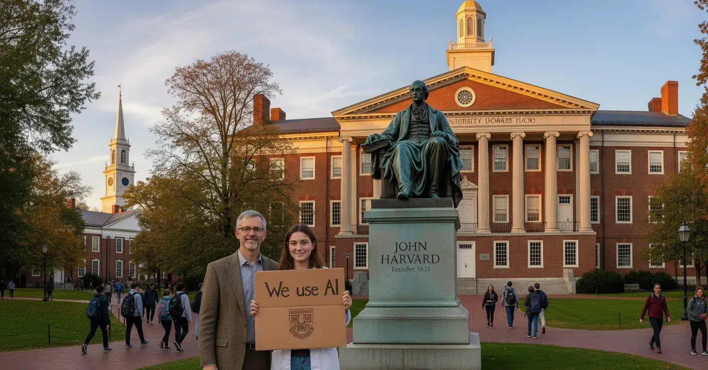 Un professeur de Harvard et une étudiante poser devant la caméra sur un statut d'usage affirmé de l'IA