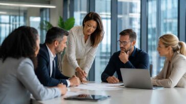 Des professionnels de bureau examinent attentivement des rapports imprimés et numériques lors de cette réunion de travail collaborative et sérieuse.