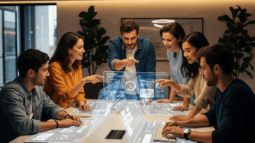 Équipe de startup collaborant autour d’une table moderne sur un tableau de bord CRM HubSpot futuriste et photoréaliste.