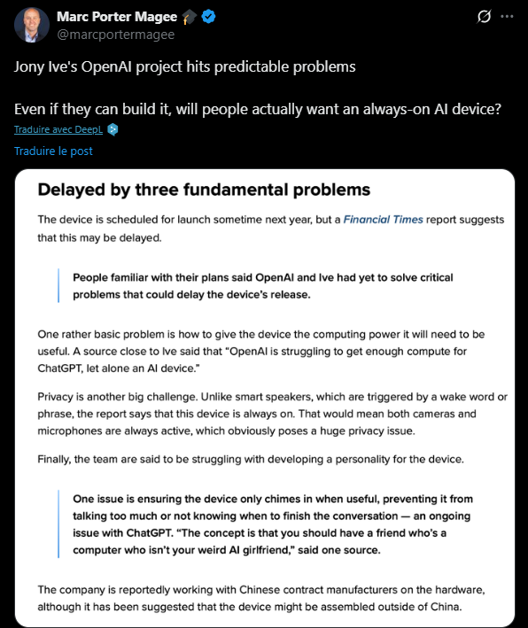 Problème dispositif OpenAi Jony Ive