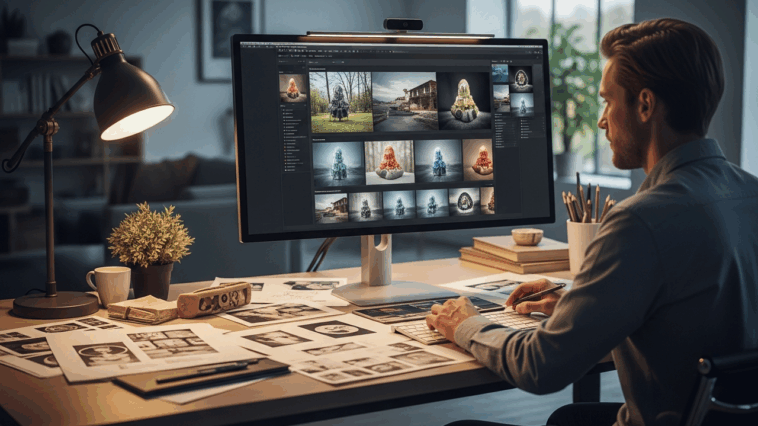 Un graphiste travaille dans un studio moderne devant un écran ultra-large affichant plusieurs variations d’images générées par IA, avec des croquis papier et des visuels numériques disposés sur le bureau, dans une ambiance douce et professionnelle.