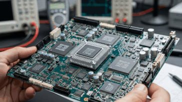 Ingénieur manipulant une carte TPU moderne dans un environnement de laboratoire, avec composants électroniques très détaillés.