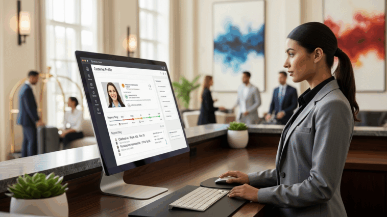 Réceptionniste d’hôtel consultant un CRM sur un grand écran dans un décor moderne, avec des clients légèrement flous en arrière-plan.