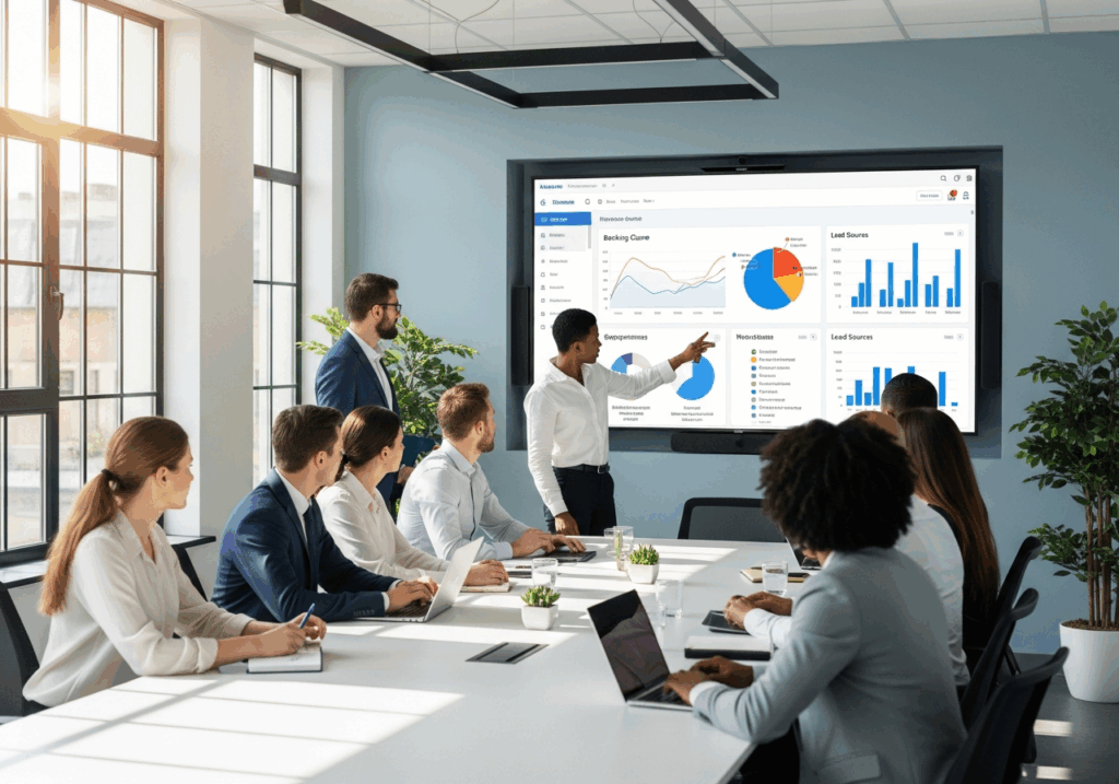 Équipe marketing et commerciale réunie dans une salle de réunion moderne devant un écran affichant des données CRM.