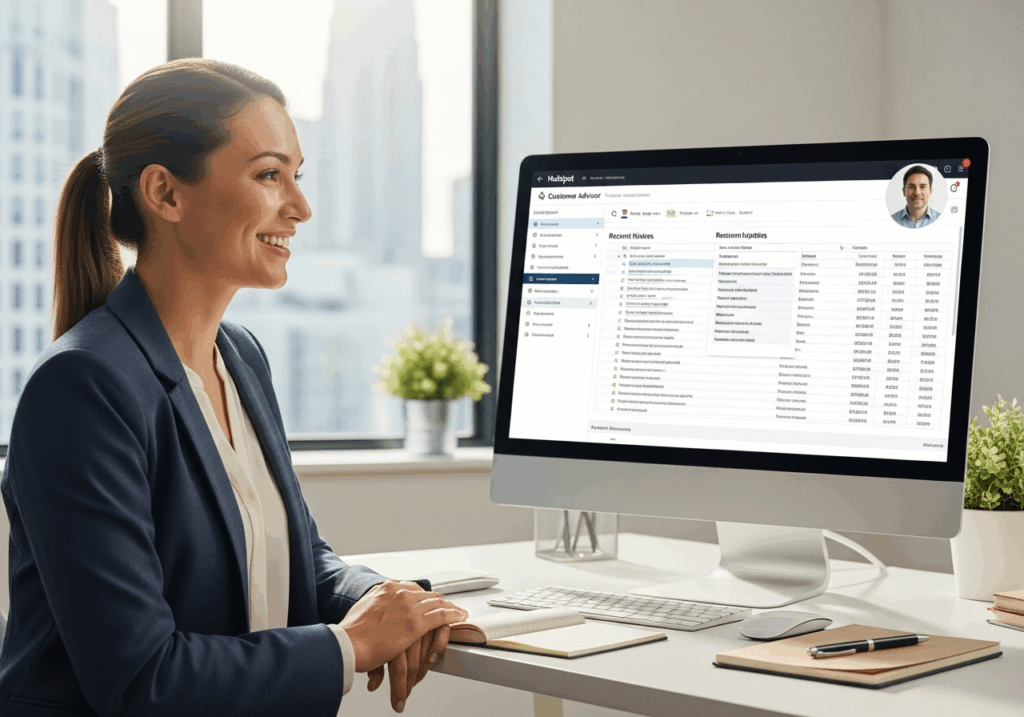 Conseillère logistique en visioconférence avec un client, affichant une fiche HubSpot complète à l’écran