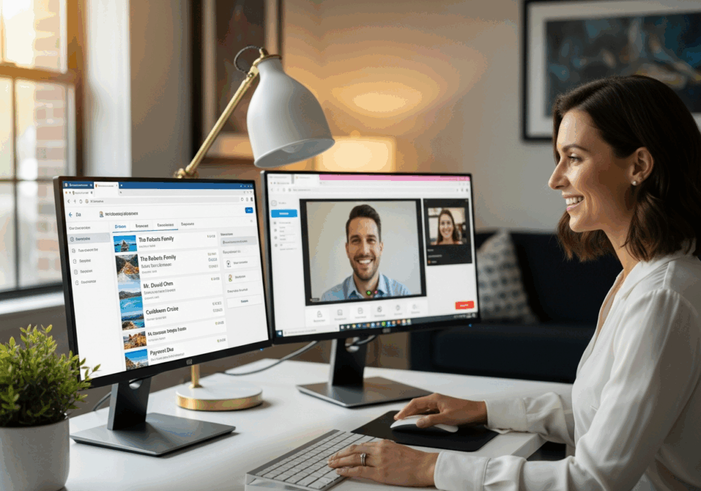 Conseiller voyages en visioconférence dans un bureau moderne, avec un écran secondaire affichant un CRM.
