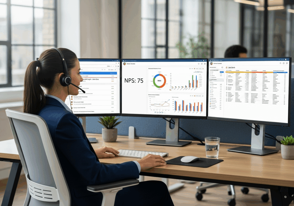 Agent de support client travaillant devant plusieurs écrans affichant tickets, NPS et historique client dans un bureau moderne et calme.