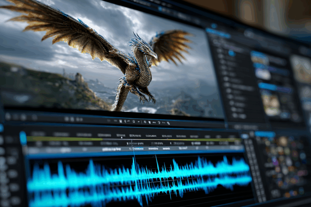 Interface de montage vidéo par IA, style VEO 3.1, avec intégration audio et outils d'insertion précis