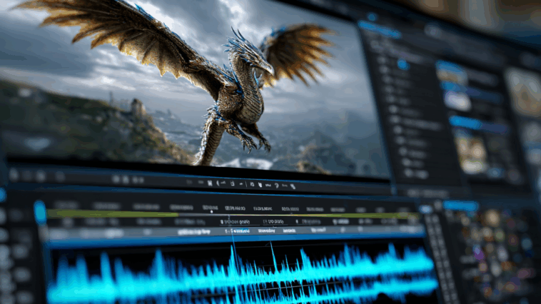 Interface de montage vidéo par IA, style VEO 3.1, avec intégration audio et outils d'insertion précis