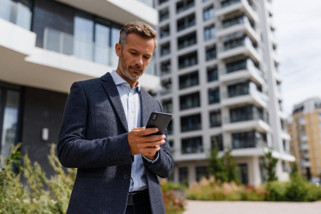 Agent immobilier utilisant un CRM sur smartphone devant un immeuble pour mettre à jour une fiche client.
