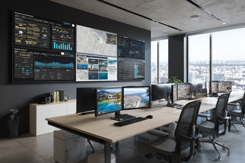 Centre de pilotage immobilier avec tableaux de bord CRM affichant leads, ventes et performances marketing.