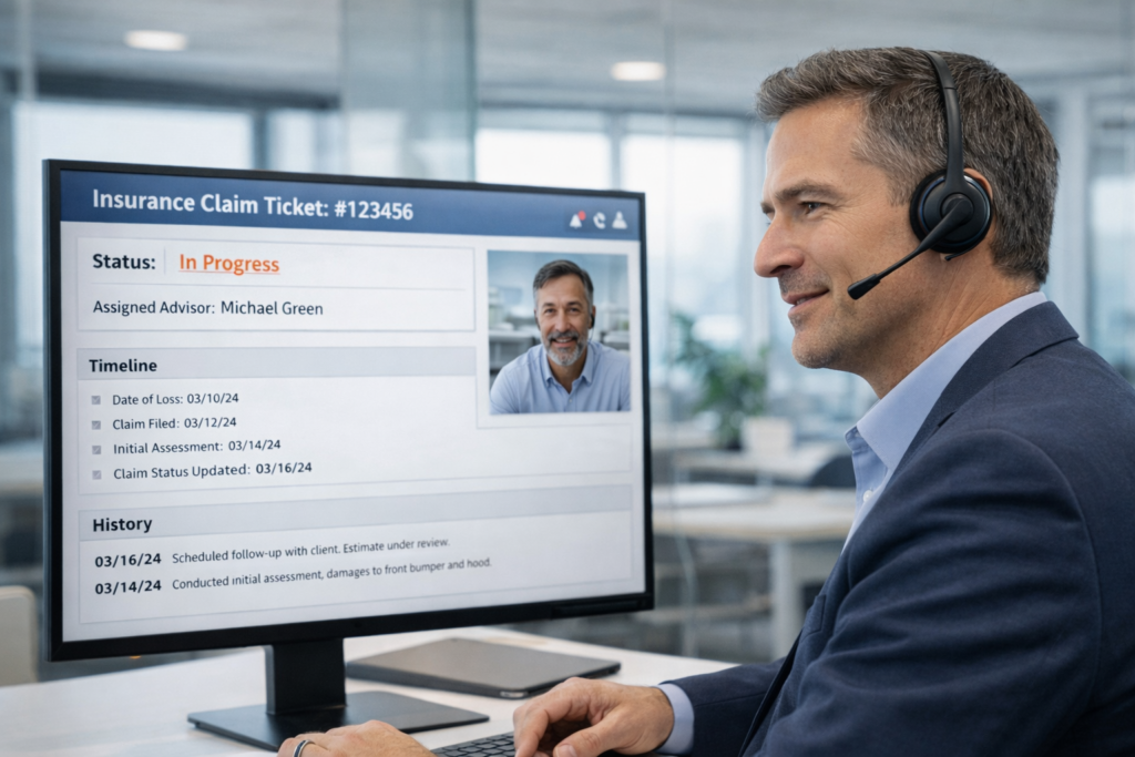 Un conseiller en assurance gère un sinistre via un CRM structuré tout en échangeant avec un client par téléphone ou visioconférence.