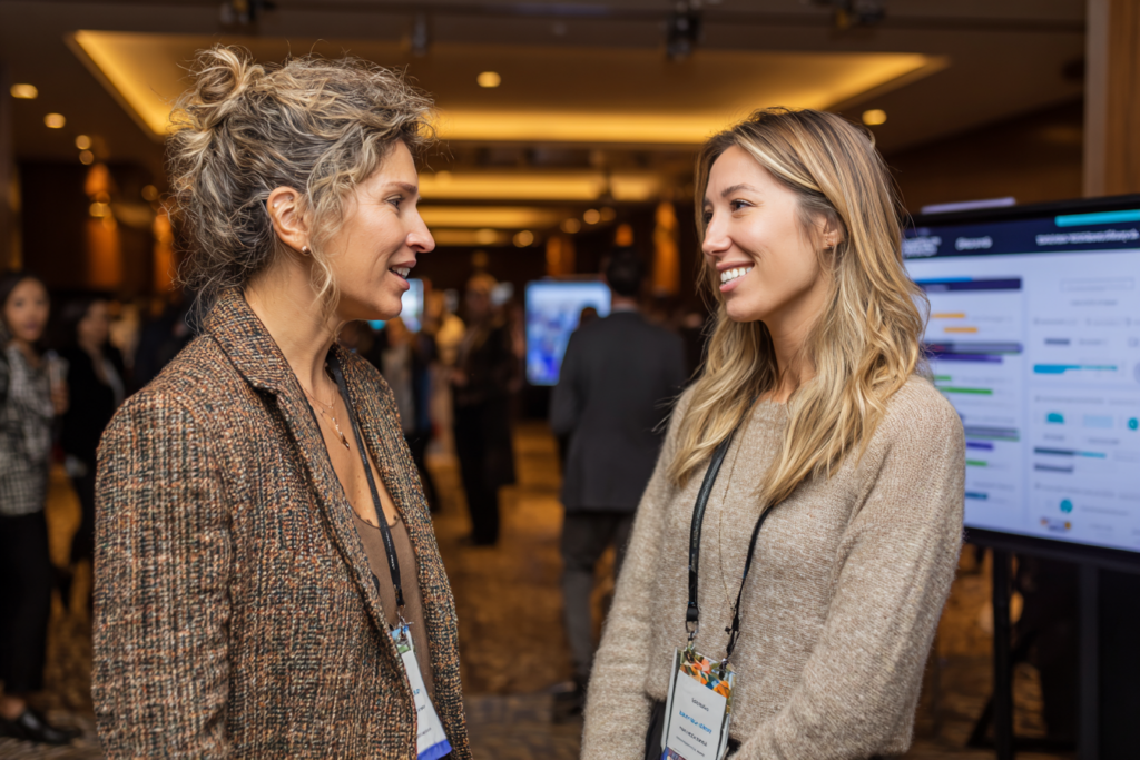 Discussion entre organisateur et sponsor appuyée par des données CRM HubSpot visibles à l’écran.