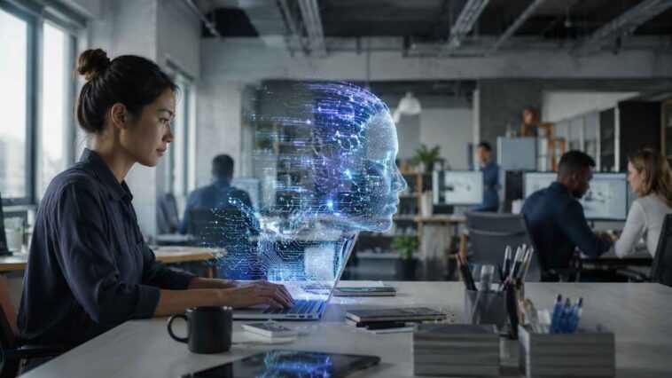 Une professionnelle travaille sur son ordinateur dans un bureau, pendant qu'un visage holographique et lumineux émerge de son propre écran.