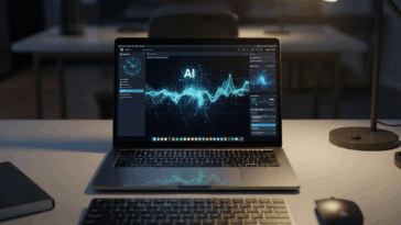 Ordinateur portable haut de gamme posé sur un bureau moderne, affichant une interface d’IA en fonctionnement dans une ambiance de travail intense.