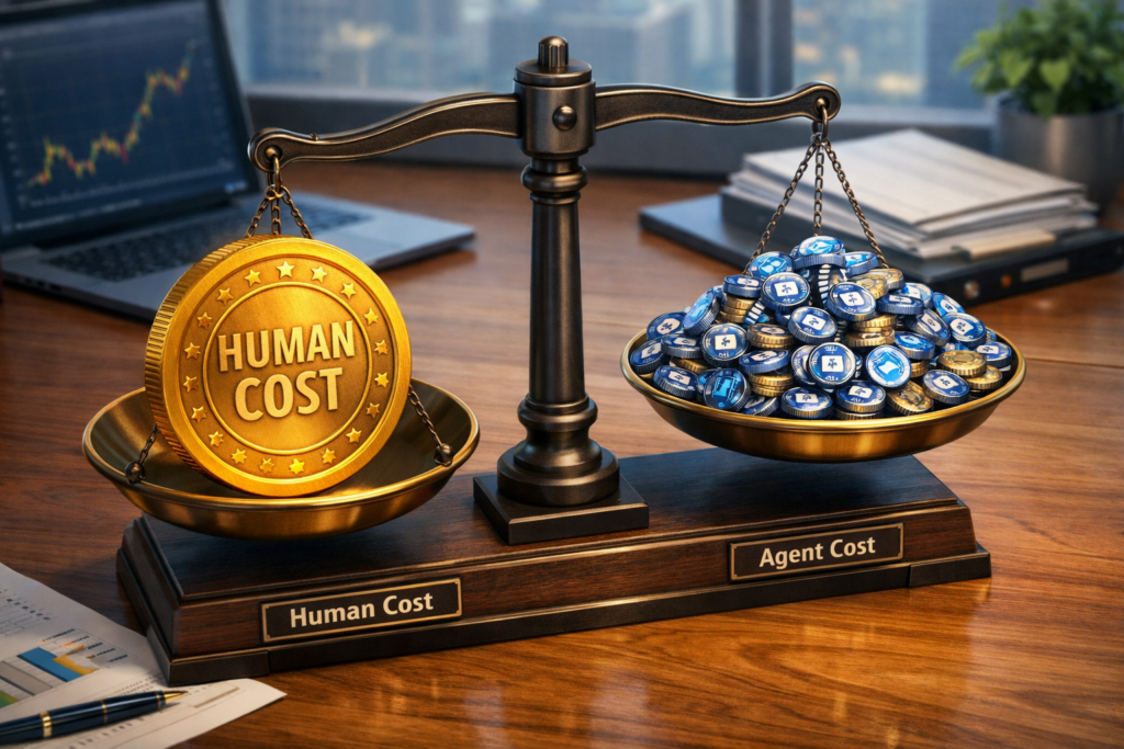 balance isométrique en 3D avec des pièces d'or. D'un côté, une seule pièce d'or lourde représentant le « coût humain ». De l'autre côté, une énorme pile de petits jetons numériques représentant le « coût des agents »