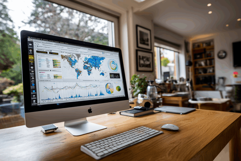 écran d'ordinateur moderne sur un bureau en chêne, affichant une interface de dashboard analytique colorée, profondeur de champ, focus sur l'écran