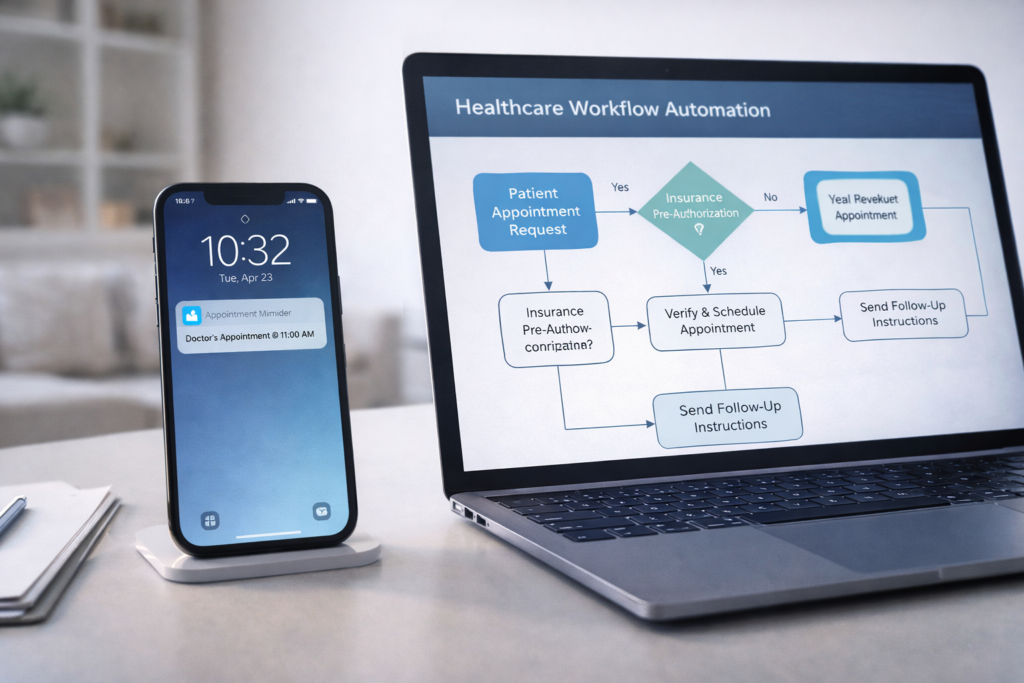 Notification de rappel de rendez-vous sur smartphone avec workflow automatisé affiché sur un ordinateur.