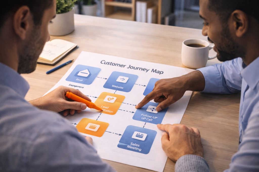 Deux collègues marketing et ventes collaborant sur une carte de parcours client et de qualification des leads