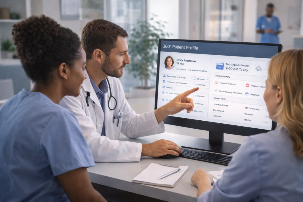 Équipe santé collaborant autour d’un tableau de bord CRM affichant une vue 360° du patient.