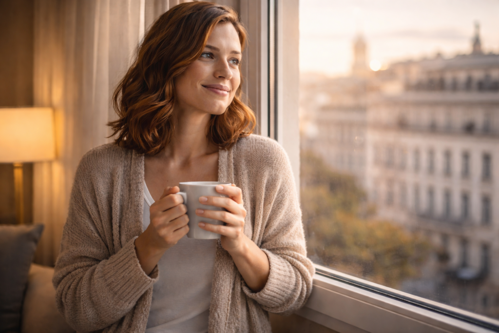 Client d’hôtel détendu dans une chambre lumineuse, profitant d’un moment calme, symbole d’une expérience personnalisée réussie.