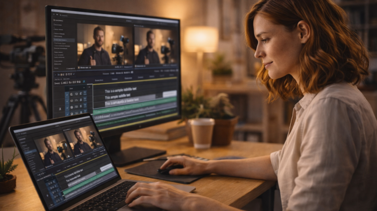 Créateur de contenu en train d’utiliser un outil de sous-titrage vidéo sur ordinateur pour finaliser une vidéo avant publication.