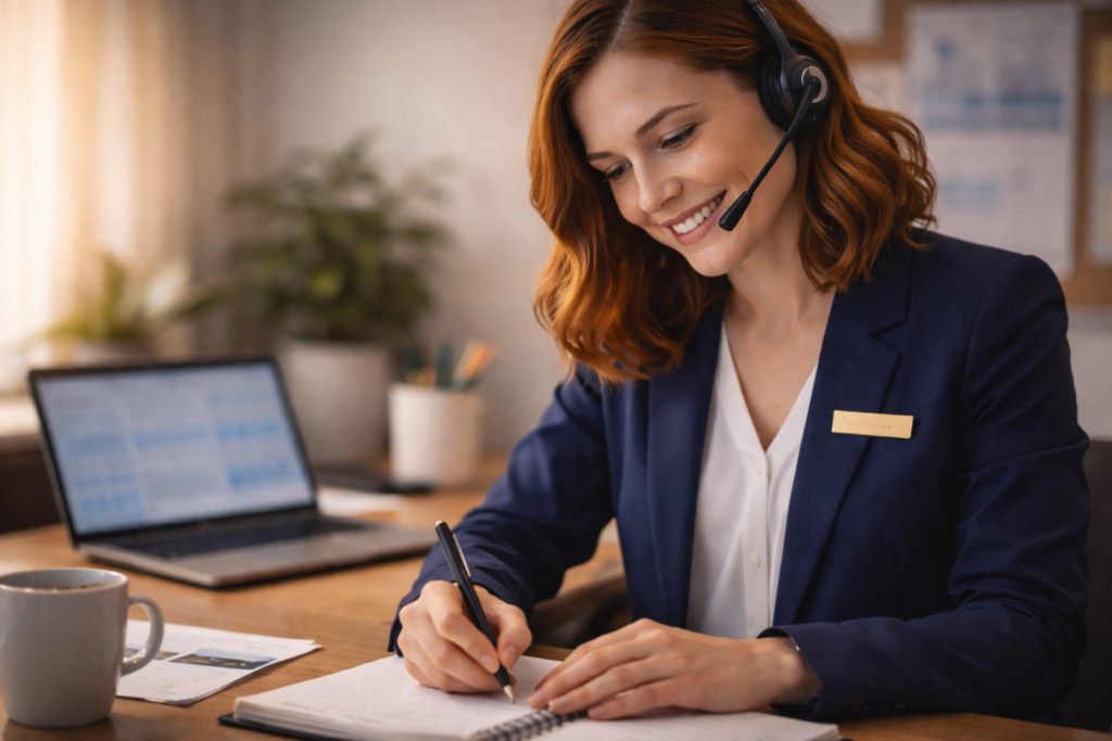 Employé du service client d’un hôtel au téléphone, prenant des notes pour répondre rapidement et améliorer la satisfaction.