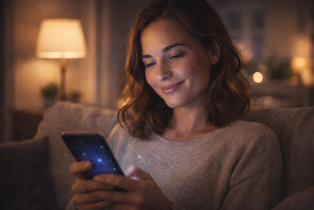 Personne souriante sur un canapé le soir, utilisant un smartphone pour discuter avec un compagnon IA, dans une ambiance chaleureuse.