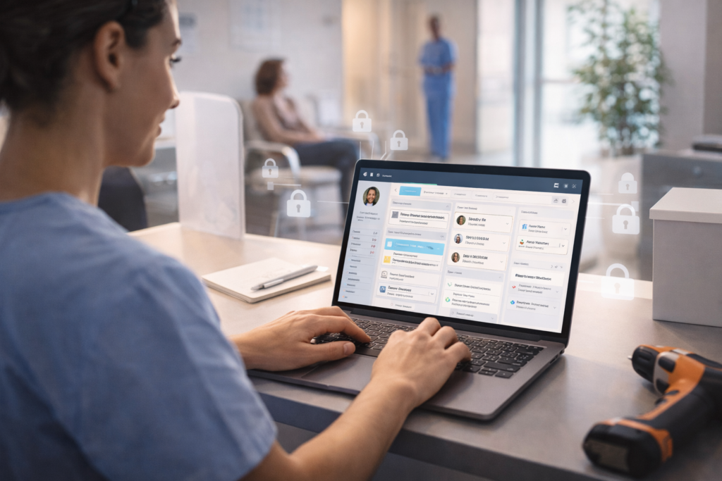 Professionnel de santé utilisant un CRM sur ordinateur pour organiser le parcours patient en clinique.