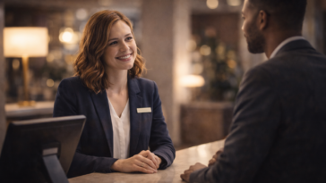 Réceptionniste d’hôtel accueillant un client avec le sourire dans un hall moderne, illustrant la relation client et la fidélisation.