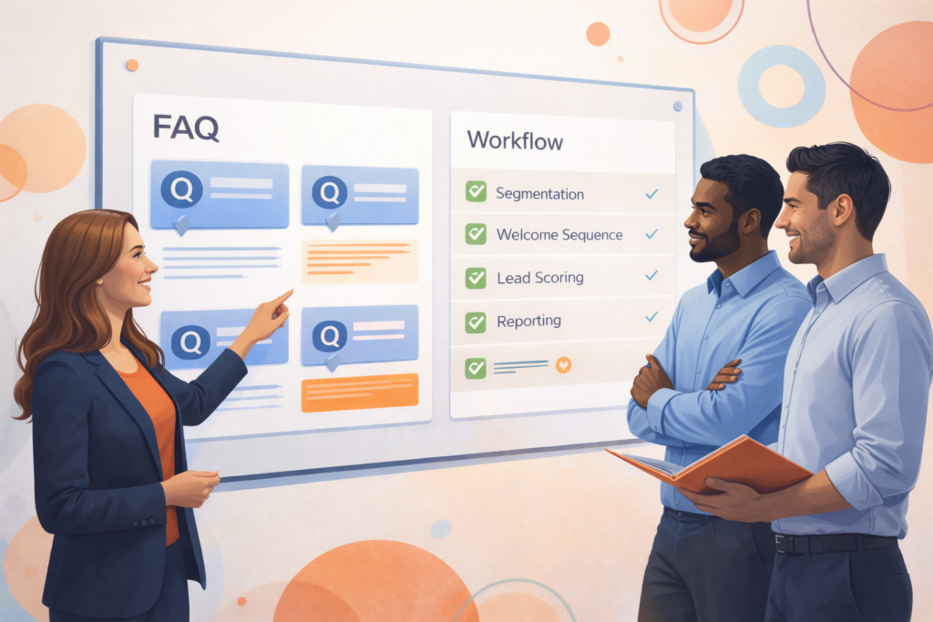 Équipe marketing planifiant une FAQ et des optimisations de Marketing automation avec HubSpot autour d’un workflow.