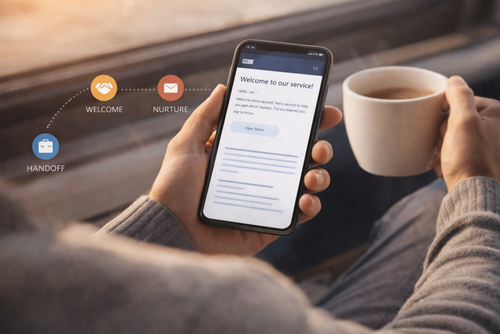 Personne lisant un email utile sur smartphone, avec un parcours client suggéré en arrière-plan