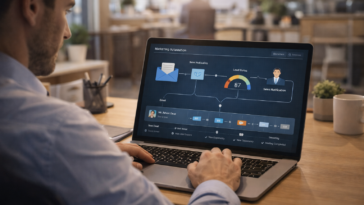 Marketeur devant un dashboard de Marketing automation avec HubSpot montrant workflow, scoring et CRM unifié.