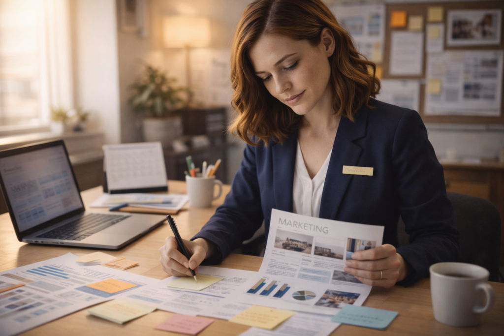 Responsable marketing d’hôtel préparant une campagne pour augmenter les réservations directes, avec notes et documents sur un bureau.