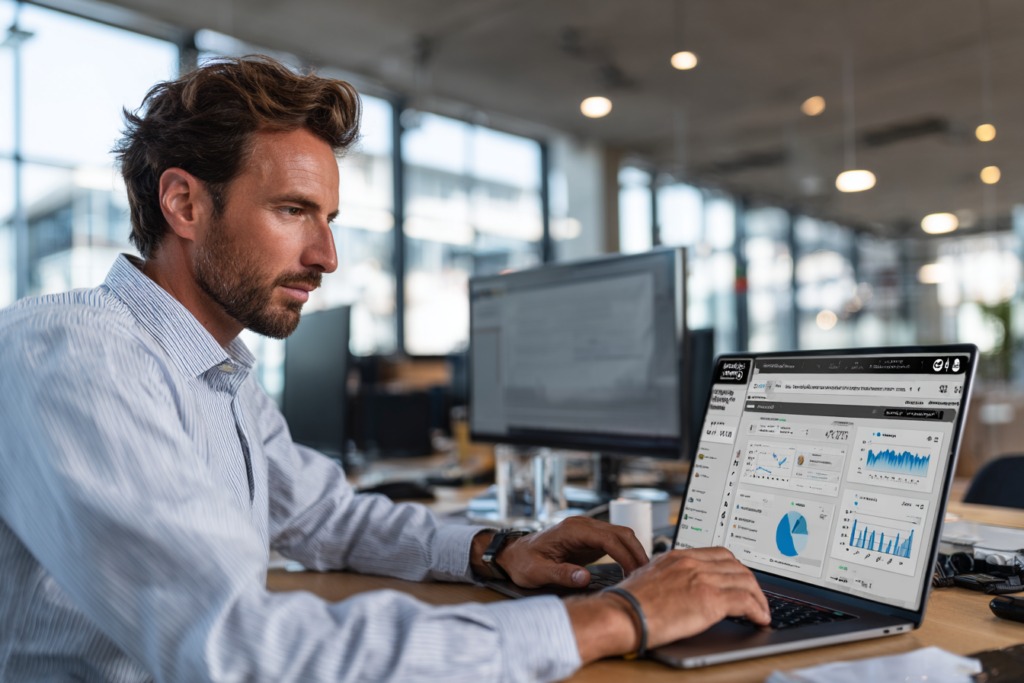 Responsable marketing utilisant une interface CRM enrichie par IA pour piloter sa stratégie Loop Marketing.