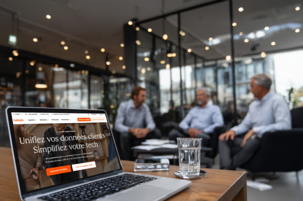 Équipe PME en réunion devant un reporting CRM montrant des indicateurs de croissance en hausse.