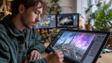 Portrait réaliste d'une artiste numérique utilisant un stylet sur une grande tablette graphique affichant l'interface de génération d'images DALL-E et une œuvre d'art numérique complexe créée par l'IA à partir d'un prompt textuel dans un studio lumineux.