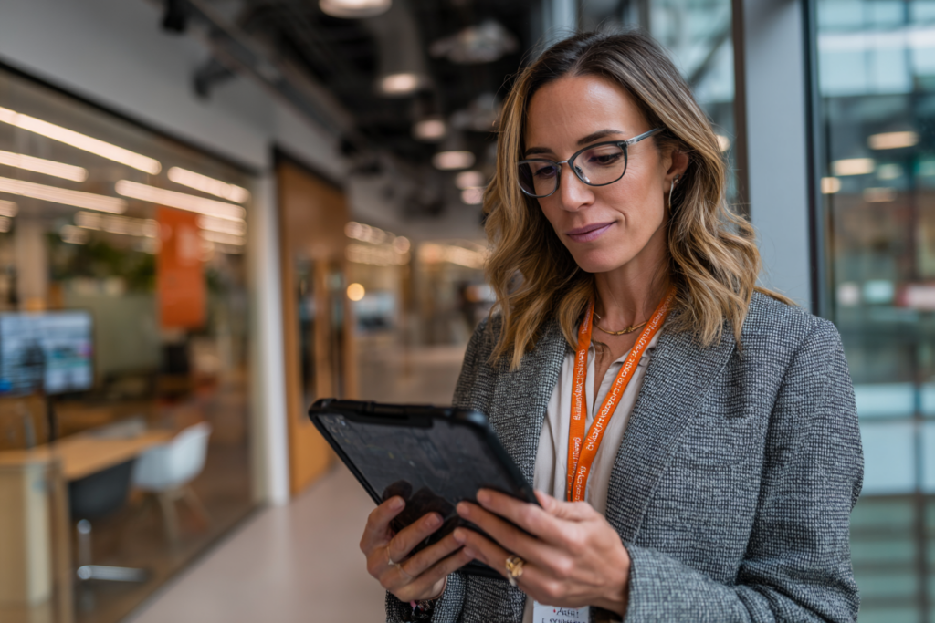 Commercial utilisant une tablette pour consulter les insights prédictifs HubSpot afin de prioriser ses leads, bureau moderne, interface numérique interactive, environnement high-tech réaliste.