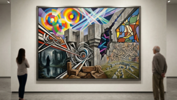 Dans une galerie, deux spectateurs contemplent un tableau unique qui fusionne des styles artistiques rares pouvant être créés avec Dall-E.