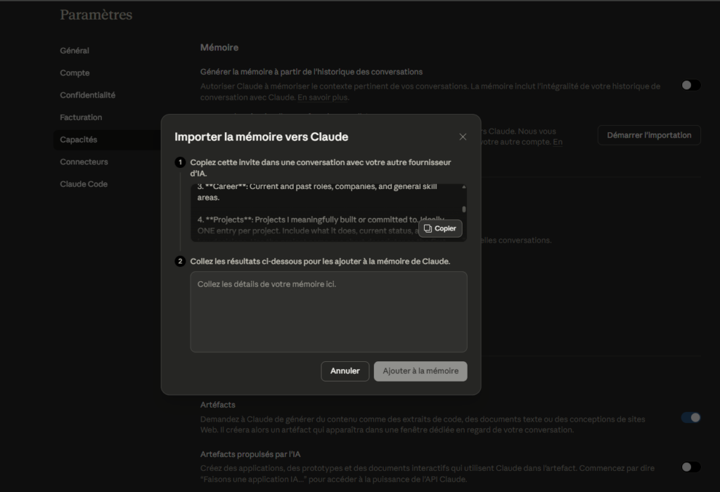 Importation memoire ChatGPT vers Claude AI