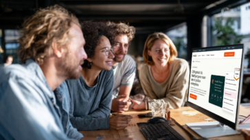 Une équipe associative intergénérationnelle (jeunes et seniors) collabore autour d’un écran CRM, illustrant l’accessibilité et la facilité d’usage de l’outil pour tous.