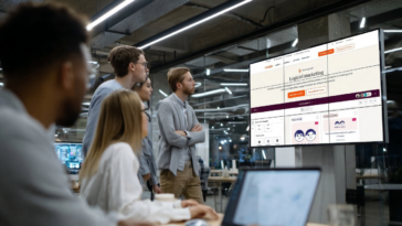 Équipe marketing dans un bureau futuriste observant un grand écran affichant des dashboards IA, KPI et indicateurs de conversion en temps réel, environnement high-tech et moderne.